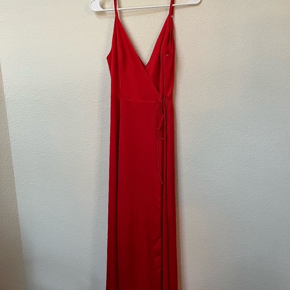 FAME & PARTNERS x FREE PEOPLE | Red Bond Maxi Wrap Dress w Thigh Slit | Size 4 - Picture 7 of 12
